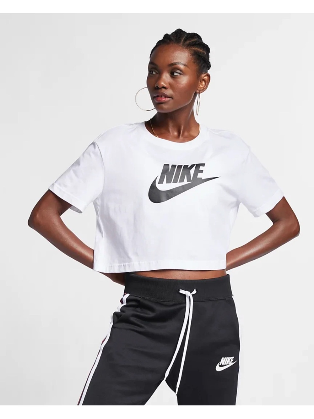 Nike White Cropped Logo Tee with Black Swoosh